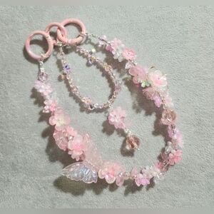 Delicate Pink Floral Butterfly Phone Bracelet/Bag Charm with Faceted Beads